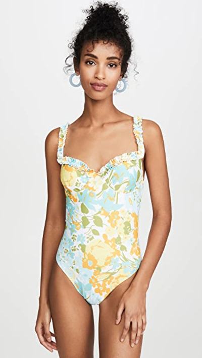 Faithfull The Brand Hilda Ruffled Floral-print Underwired Swimsuit In Blue