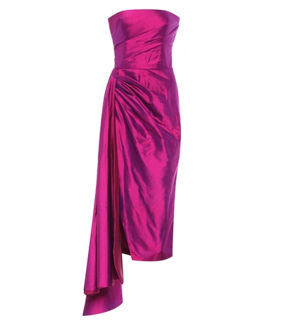 Rasario Strapless Draped Silk-shantung Midi Dress In Magenta