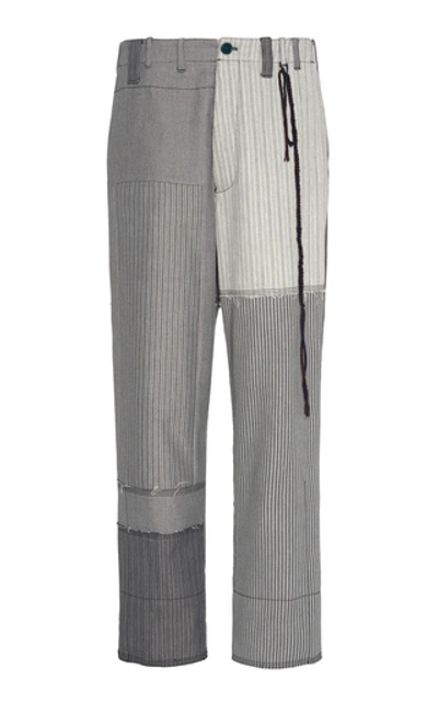 Federico Curradi Patchwork Striped Straight-leg Cotton Chinos In Grey