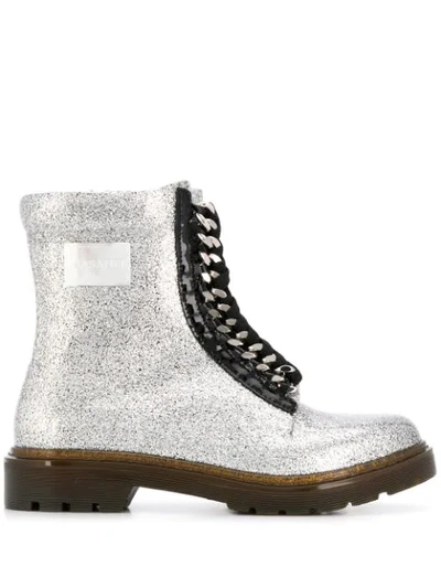 Casadei Glitter Effect Chain Detail Boots In Silver