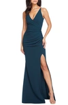 Dress The Population Jordan Ruched Side Slit Gown In Pine