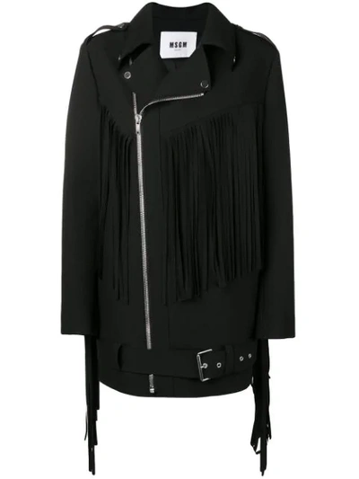 Msgm Belted Fringed Crepe Jacket In Black