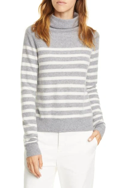 Vince Breton Stripe Turtleneck Cashmere Sweater In Medium Heather Grey/ Off White