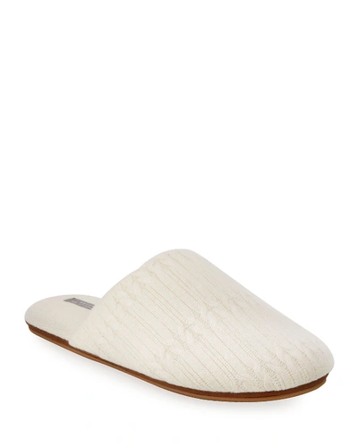 Neiman Marcus Cable-knit Cashmere Slippers In Off White