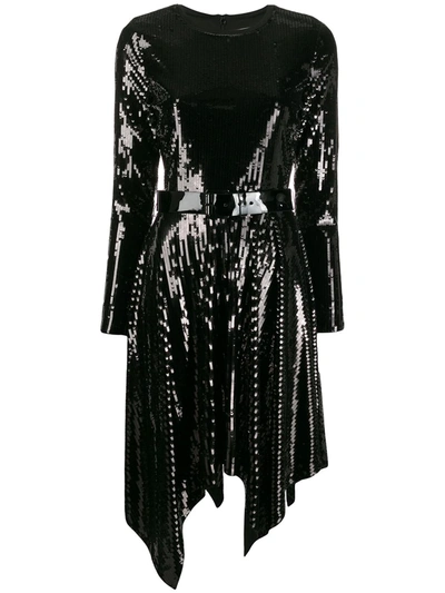 Michael Michael Kors Asymmetric Belted Sequined Georgette Dress In Black