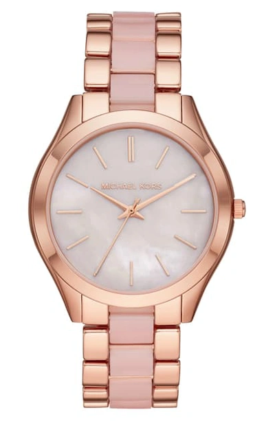 Michael Kors Runway Slim Mother-of-pearl Dial Link Bracelet Watch, 42mm In Rose Gold/ Mop/ Pink