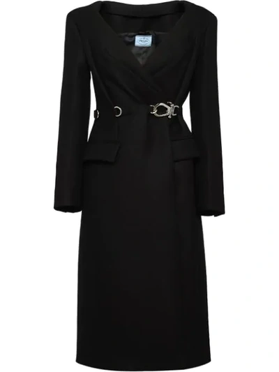 Prada Carabiner-waist Double-breasted Wool Coat In Black
