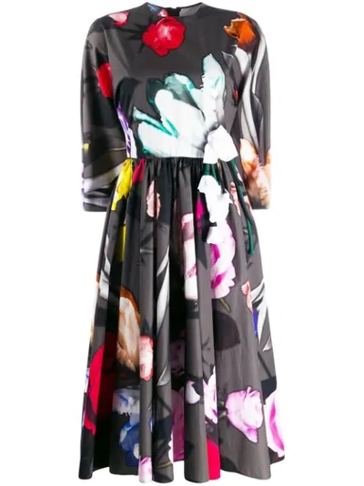 Prada Floral-print Poplin Puff-sleeve Dress In Ferro