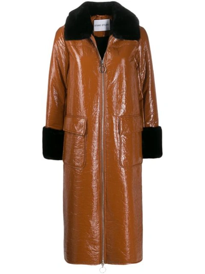 Stand Studio Kristen Papery Faux Patent Leather Coat In Brown