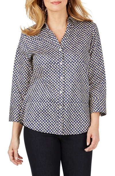 Foxcroft Mary Shadow Dot Wrinkle-free Sateen Shirt In Navy