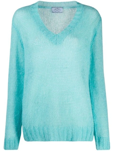 Prada V-neck Ribbed Knit Pullover In Blue