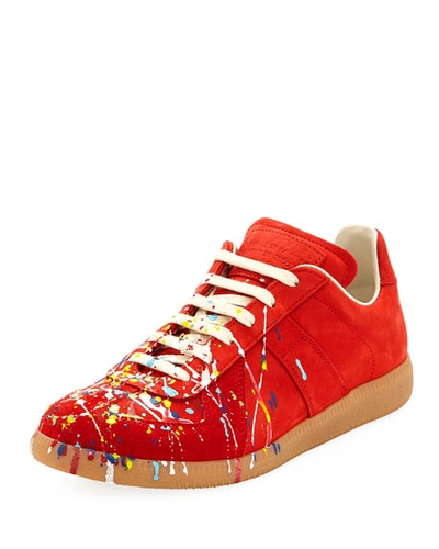 Maison Margiela Men's Replica Paint-splatter Suede Low-top Sneakers In Red