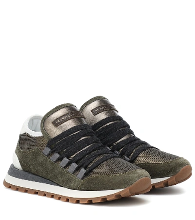 Brunello Cucinelli Metallic Lace-up Suede Trainer Sneakers In Green
