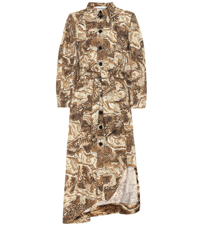 Ganni Printed Cotton-poplin Dress In Brown
