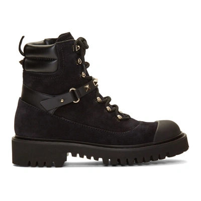 Valentino Garavani 20mm Rockstud Suede Combat Boots In Black