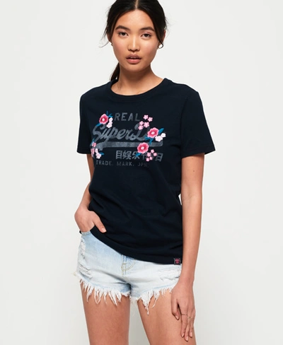 Superdry Women's Vintage Logo Embroidered Floral T-shirt Navy Size: 6