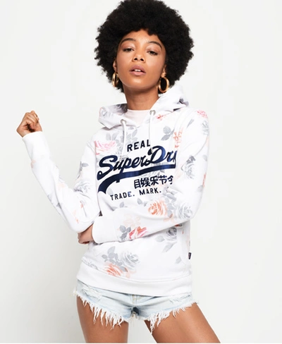 Superdry Vintage Logo Photo Rose All Over Print Hoodie In White