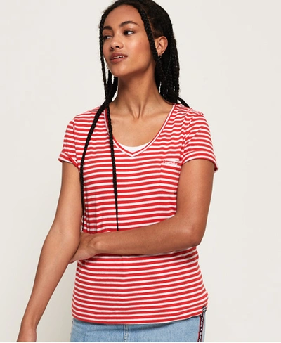 Superdry Women's Stripe Orange Label Essential V-neck T-shirt Red