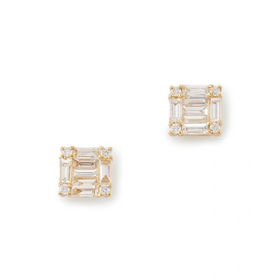 Shay Jewelry Mini Square Baguette Stud Earrings In Yellow Gold/white Diamond