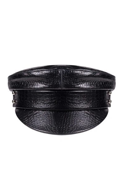Manokhi Croc Leather Officer 's Cap 2 In Black Suede