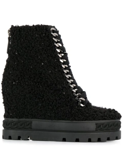 Casadei Shearling Wedge Boots In Black