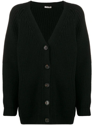 Miu Miu V-neck Cable Knit Cardigan In Black