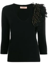 Twinset Fringed-detail Fitted Sweater In Black