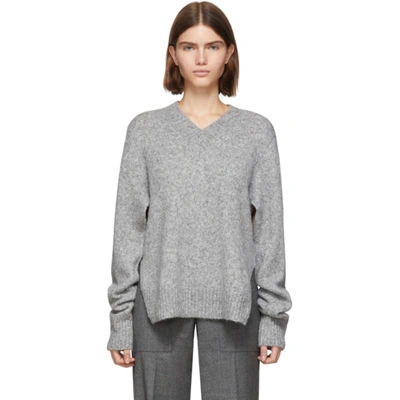 Helmut Lang Brushed Wool & Alpaca-blend V-neck Drop-sleeve Sweater In Grey