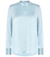 Vince Slim Fit Band Collar Silk Blouse In Blue