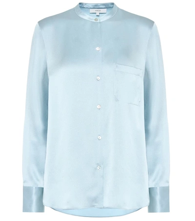 Vince Slim Fit Band Collar Silk Blouse In Blue | ModeSens