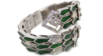 Bernard Delettrez Designer Bracelets White Gold Spiral Triple Snake Bracelet W/ Diamonds & Green Enamel In Vert