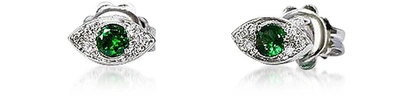 Bernard Delettrez Designer Earrings Gold Mini Eyes Earrings W/ Diamonds & Tsavorites In Vert