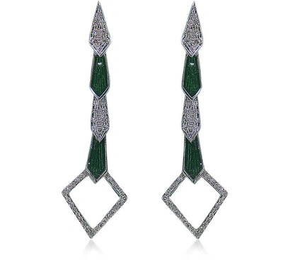 Bernard Delettrez Designer Earrings White Gold Snake Earrings W/ Diamonds & Green Enamel In Vert