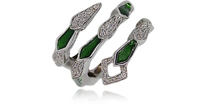 Bernard Delettrez Designer Rings White Gold Spiral Snake Ring W/ Pavé Diamonds & Green Enamel In Vert