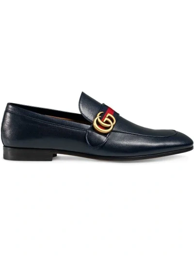 Gucci Leather Loafer With Gg Web In Blue