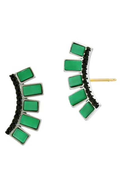 Freida Rothman Industrial Finish Starburst Ear Climbers In Rhodium-plated Sterling Silver In Silver/ Green