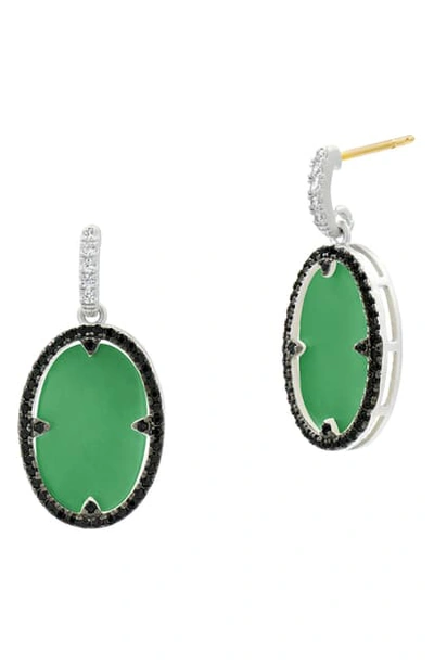 Freida Rothman Industrial Finish Oval Drop Earrings In Rhodium-plated Sterling Silver In Green/black