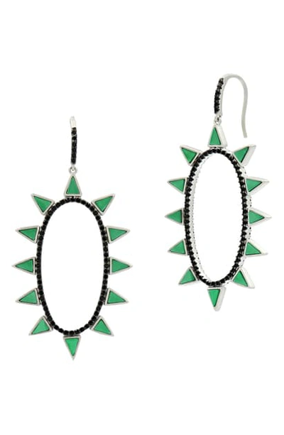 Freida Rothman Industrial Finish Spiked Oval Open Hoop Earrings In Rhodium-plated Sterling Silver In Silver/ Green