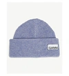 Ganni Logo Rib-knit Wool-blend Beanie In Pastel Lilac