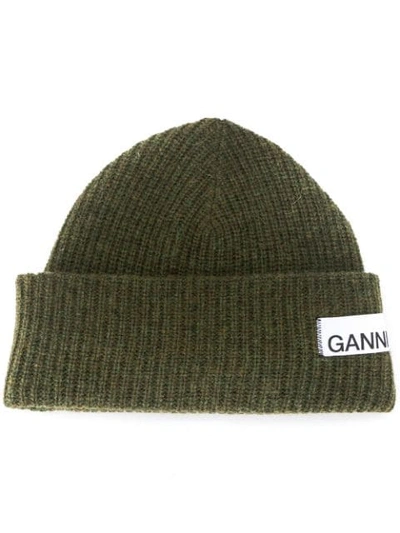 Ganni Logo Rib-knit Wool-blend Beanie In Kalamata