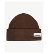 Ganni Logo Rib-knit Wool-blend Beanie In Chicory Coffee