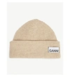 Ganni Logo Rib-knit Wool-blend Beanie In Tapioca