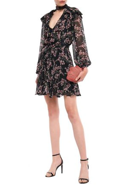 Zimmermann Tie-neck Ruffled Floral-print Georgette Mini Dress In Black