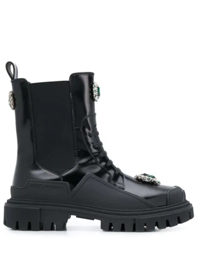 Dolce & Gabbana Polished Calfskin Combat Boots With Bejeweled Embroidery In Black
