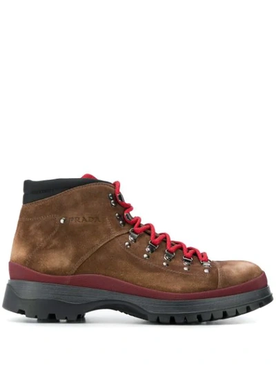Prada Lace-up Hiking Boots In Mogano