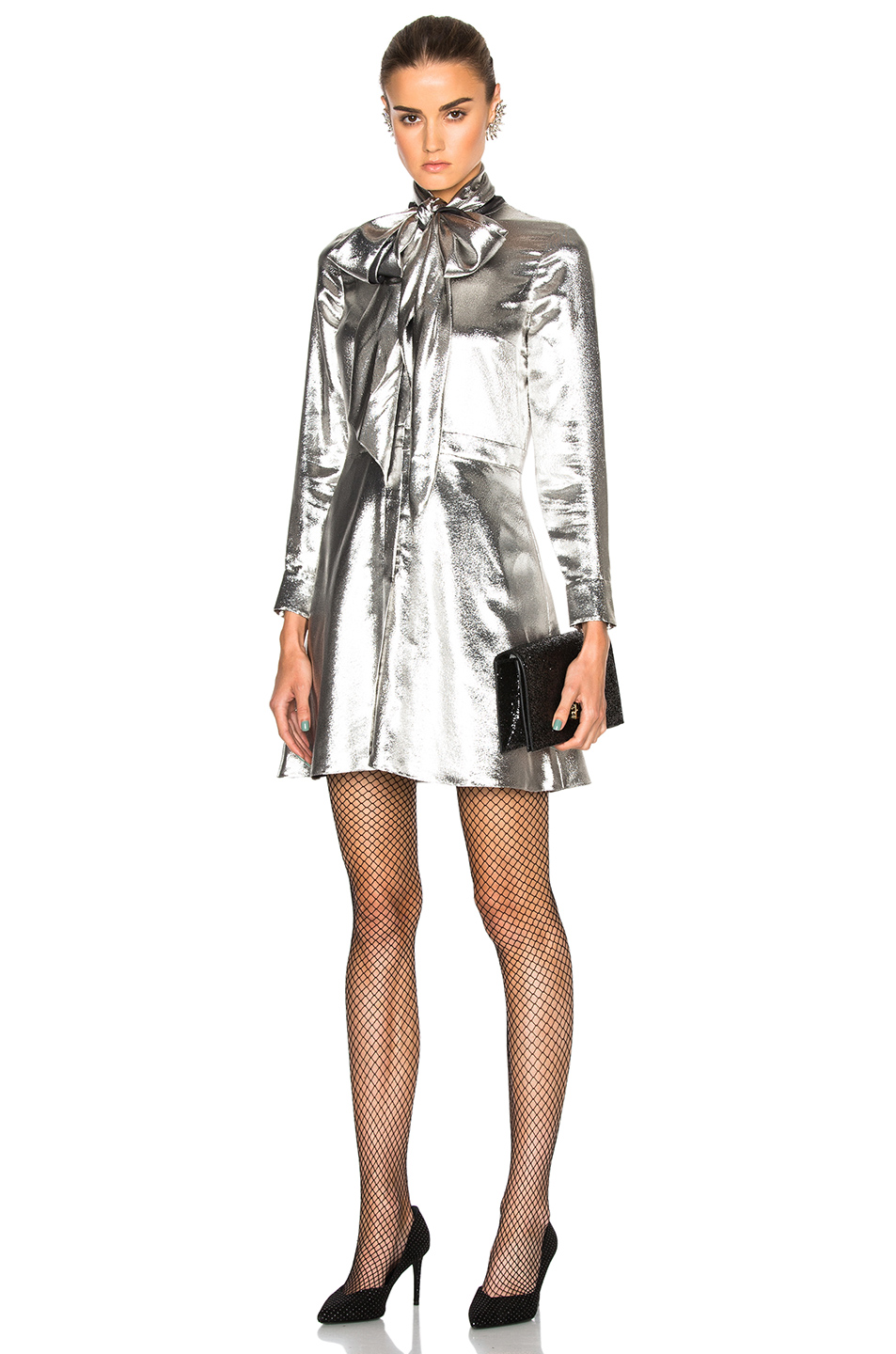 Saint Laurent Lightweight Twill Lame Dress In Metallics. In Silver