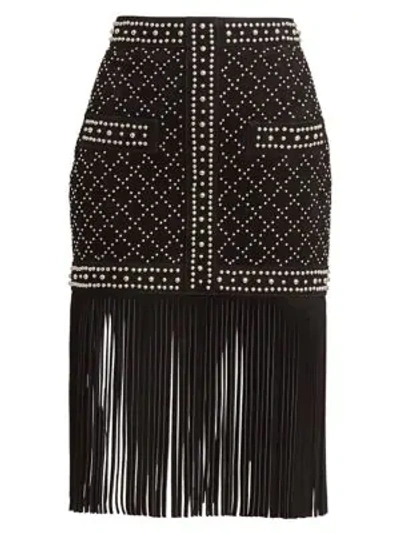 Balmain Women's Studded Fringe Suede Skirt In Black Silver