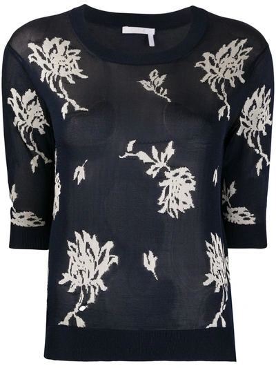 Chloé Floral Jacquard-knit Knitted Top In Blue