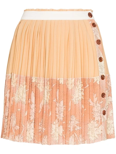 Chloé Pleated Floral Button Silk Mini Skirt In Cloudy Rose