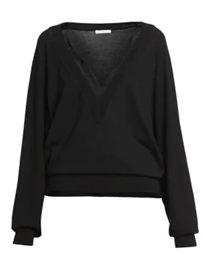 Chloé Wool-blend Lace Detail V-neck Knit Sweater In Black